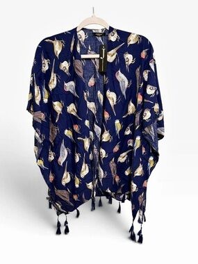 NWT Janice Navy Bird Print Kimono with Tassel Trim One Size